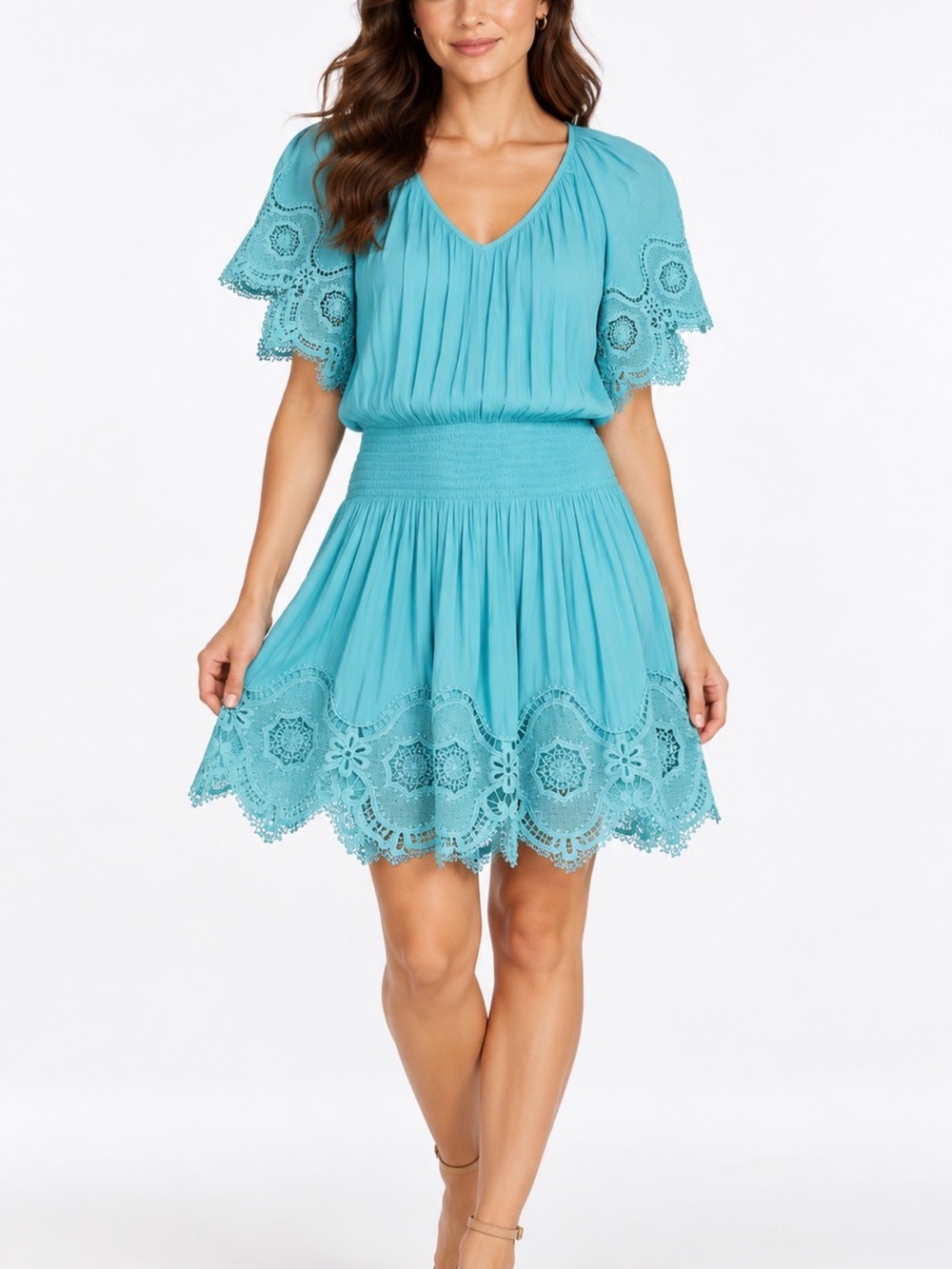 NWT Ramy Brook Arielle Aqua Lace-Trim Smocked Mini Dress M $475